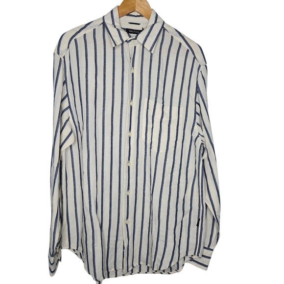 Other - NAUTICA Mens Striped Linen Button Down Shirt Two Tone Blue Ivory Size Medium